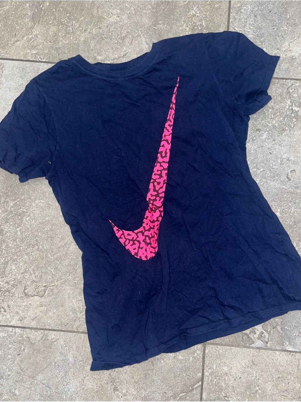 Nike Women's Navy Tee with Pink Leopard Swoosh Graphic